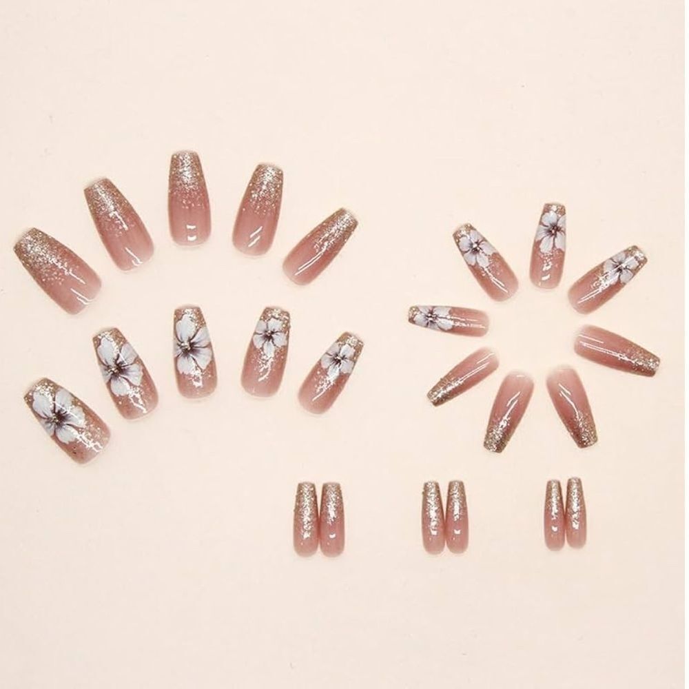 Elegant Floral Press-On Nails with Gold Glitter - Picture 2 of 5